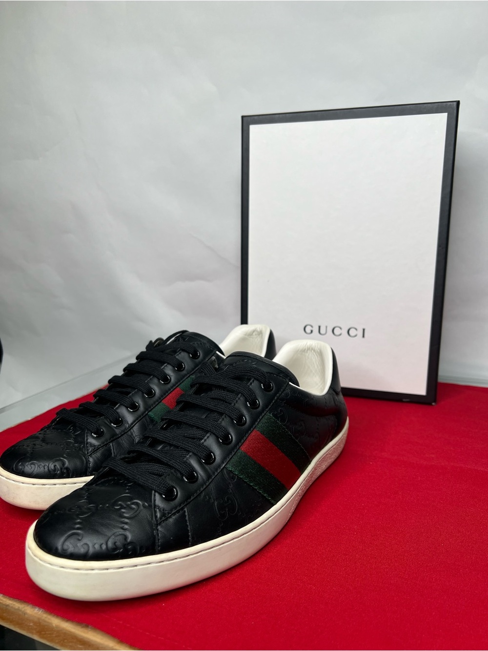 Gucci Ace Black Leather Sneakers with Green & Red Web Stripe